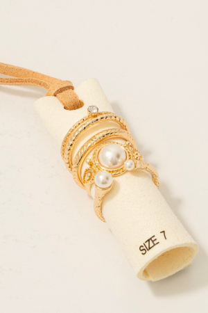 5Pc Mixed Pearl Stud Twisted Band Rings Set