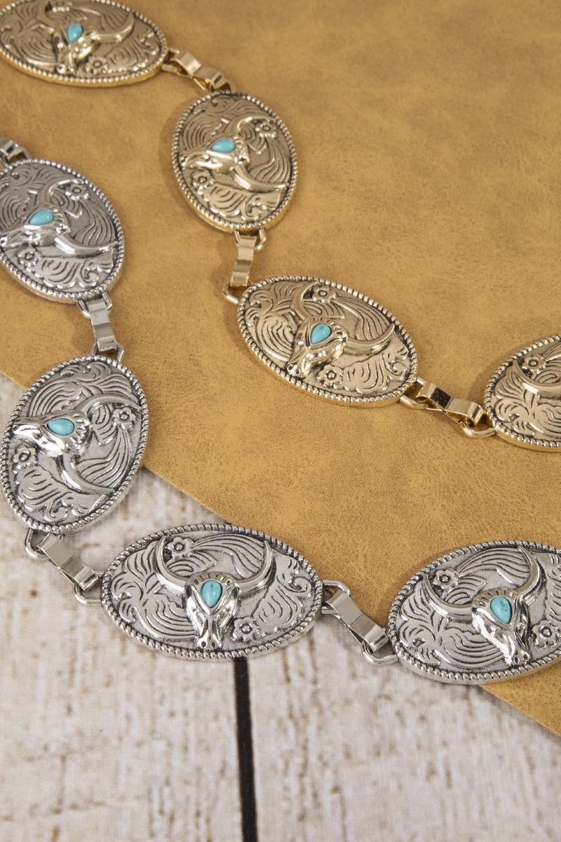 Turquoise Stud Bull Head Concho Chain Belt