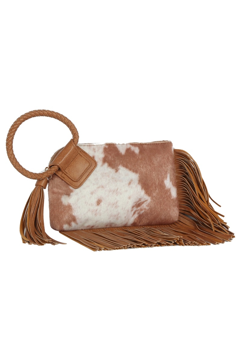 Calf Hair Cow Printed Fringe Cuff Handle Clutch Bag