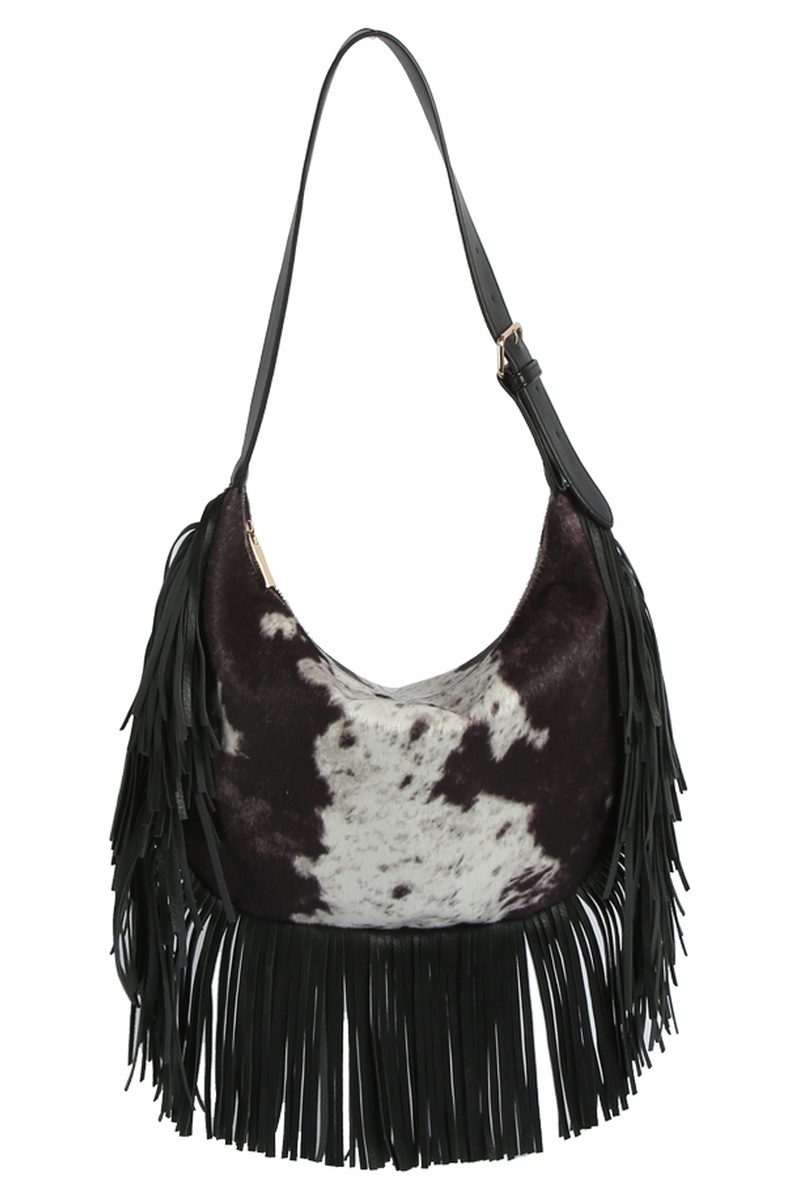 Calf Hair Cow Printed Fringe Hobo Shoulder Bag