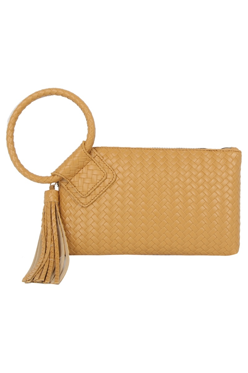 Faux Leather Woven Fringe Cuff Handle Clutch Bag