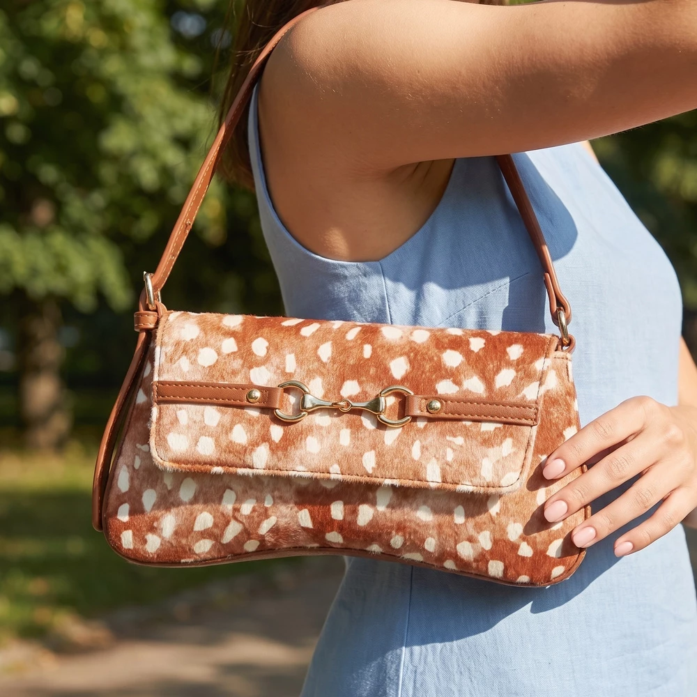 Fawn Spotted Horsebit Flap Shoulder Bag