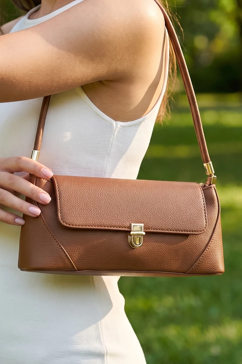 Vegan Leather Push Lock Flap Shoulder Baguette Bag