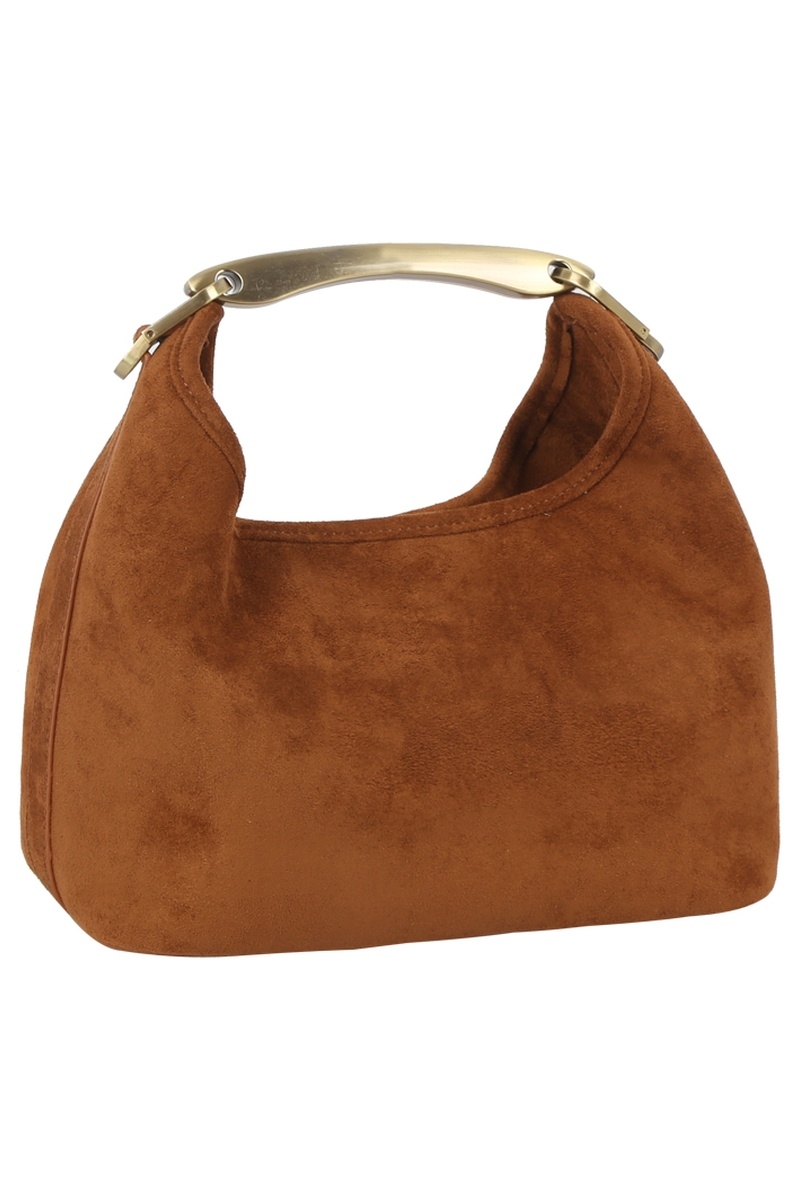 Faux Suede Metal Top Handle Satchel Hand Bag