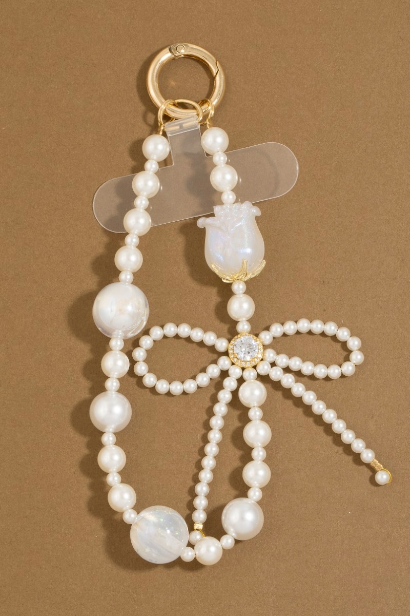 Assorted White Beads Ribbon Bow Bag Charm