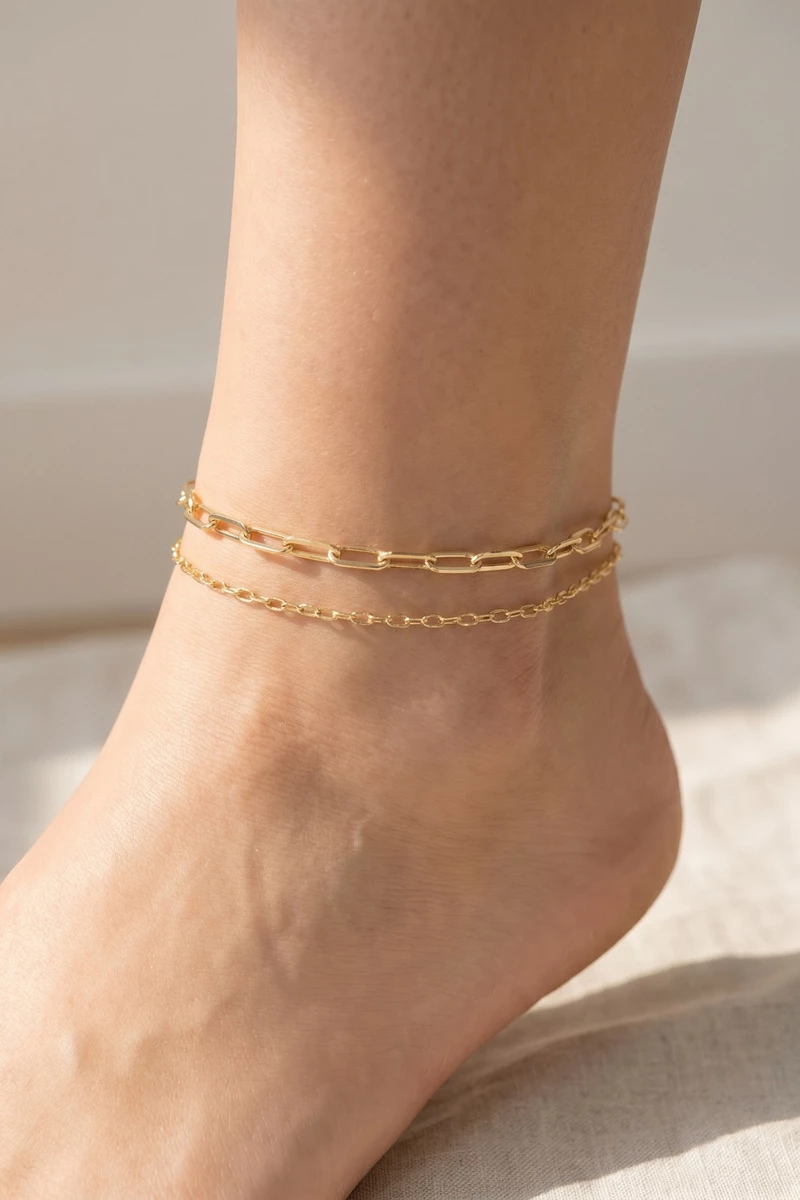 Double Strand Layered Link Chain Anklet