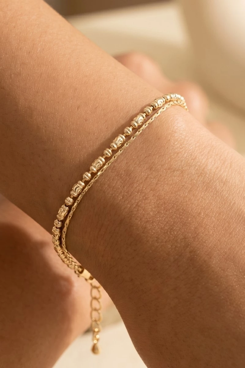 Two Row Snake Chain And Metallic Bead Bracelet