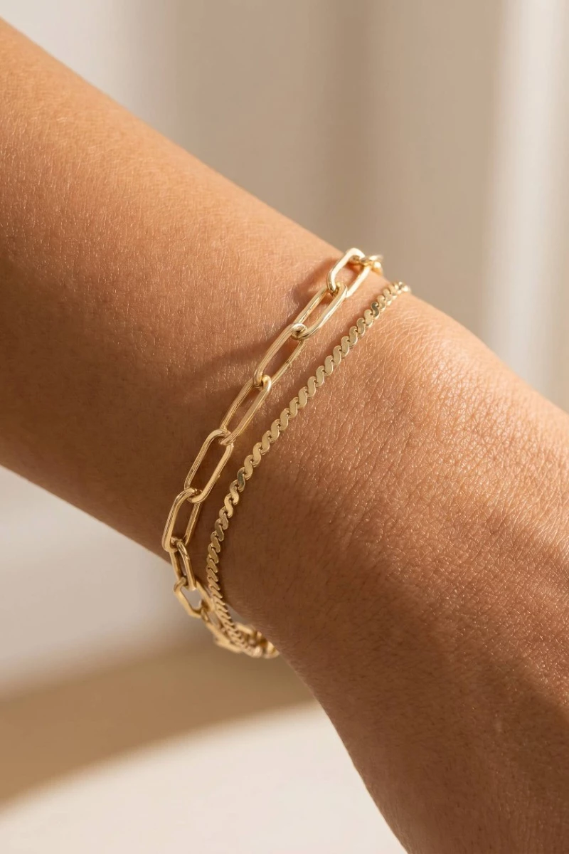 Two Row Rope Chain And Oval Chain Bracelet