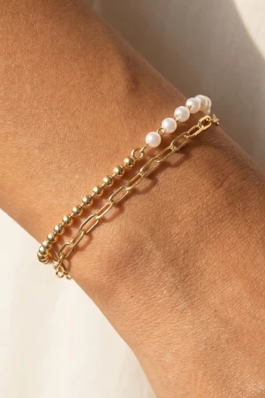 Half Ball And Pearl Bead Double Chain Link Bracelet