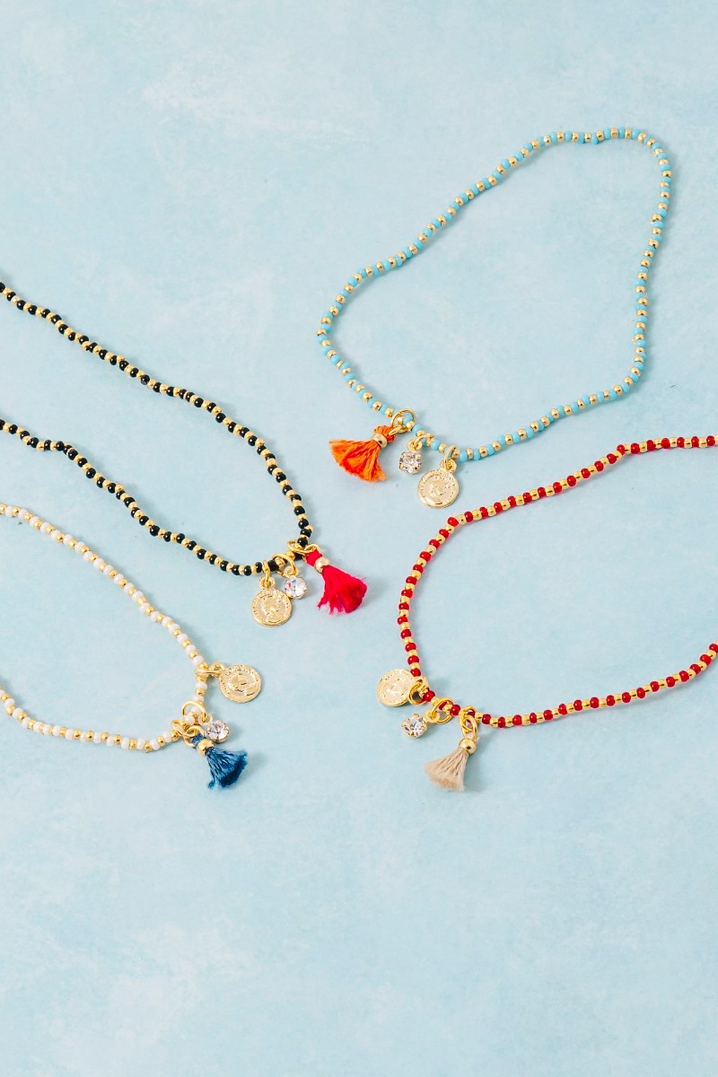 Dainty Beaded Coin Tassel Stretch Bracelet