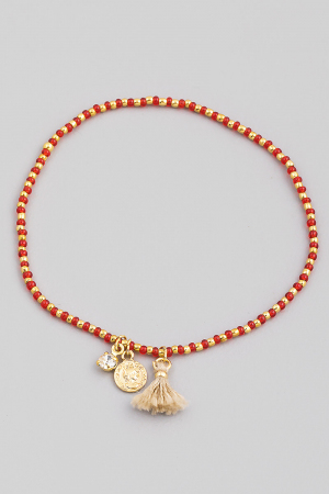 Dainty Beaded Coin Tassel Stretch Bracelet