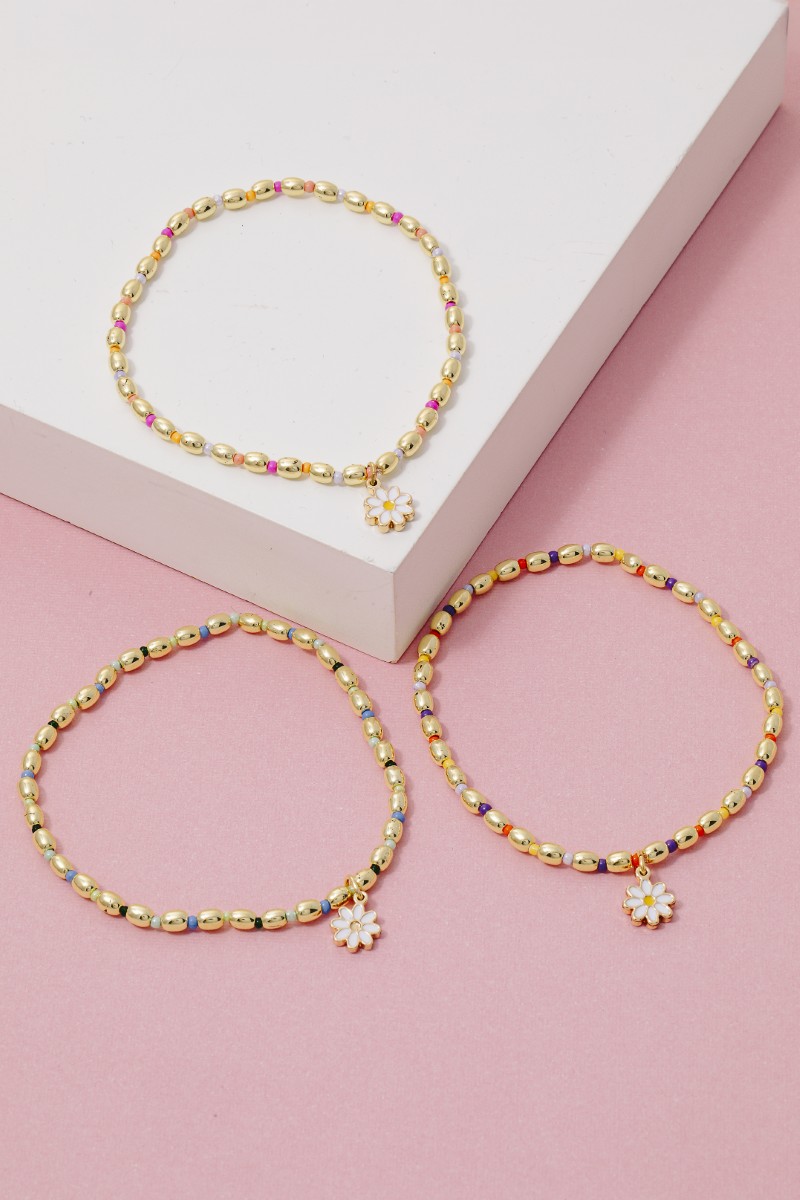 Epoxy Flower Charm Stainless Steel Beaded Bracelet