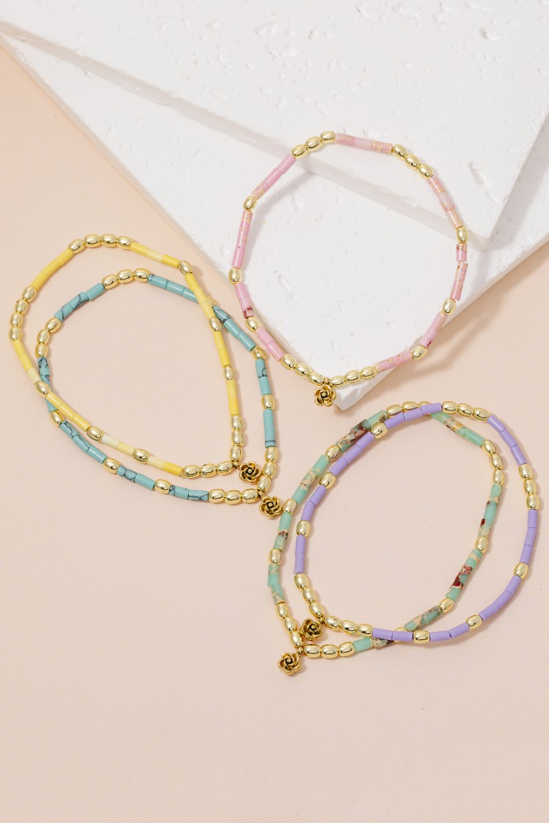 Flower Charm Mixed Stainless Steel And Glass Beaded Bracelet