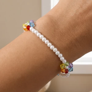 Pearl Bead Stretch Bracelet With Crystal Flowers