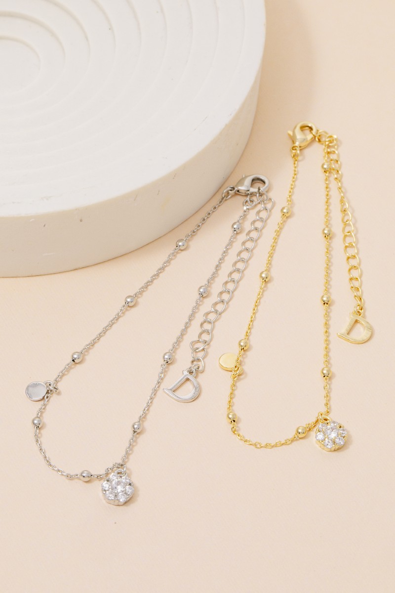 Letter D And Cz Flower Coin Charm Chain Bracelet
