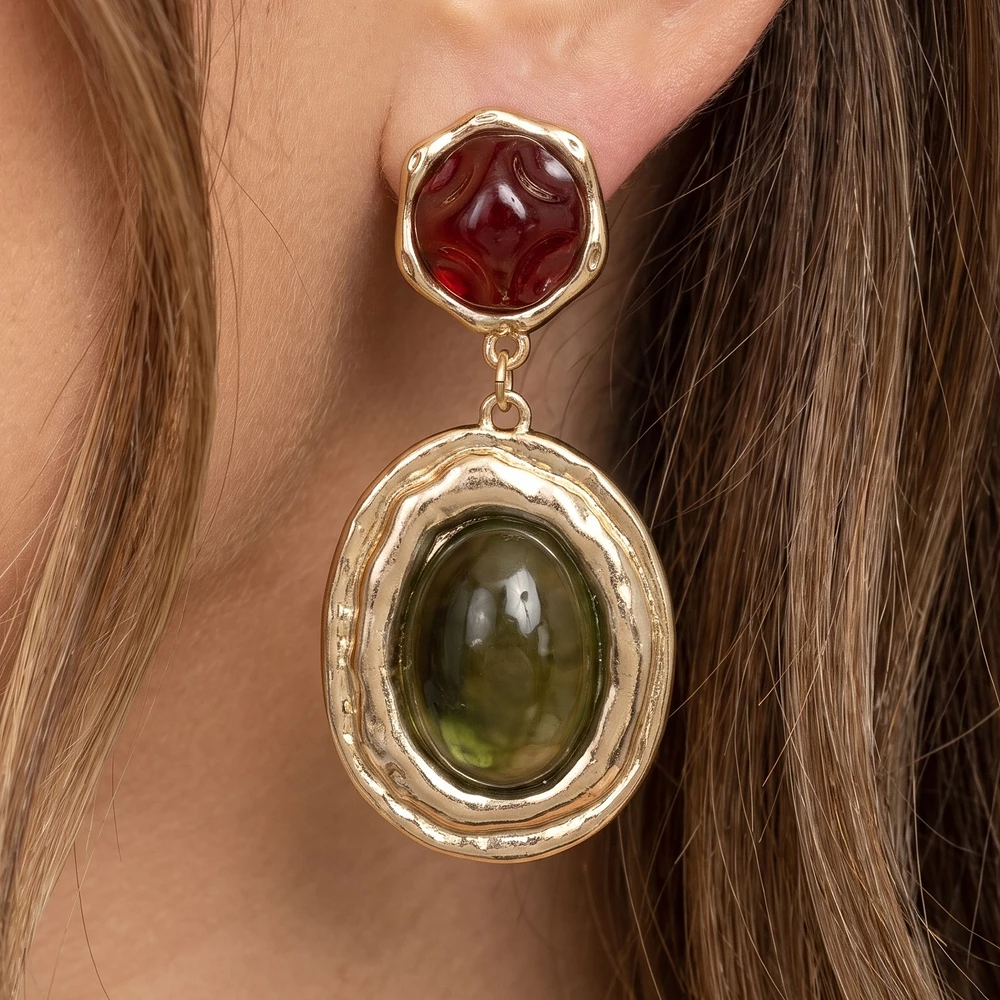 Hammered Frame Oval Cabochon Drop Earrings