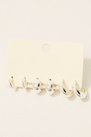 3 Pair Simple Metallic Hoop Earrings Set