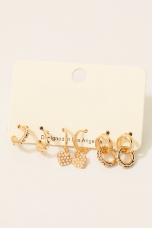 Mixed Pave Heart Stud And Hoop Earrings Set