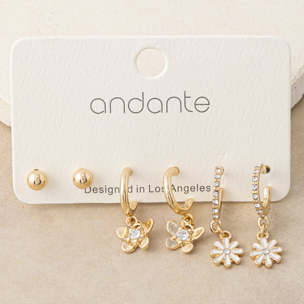 Three Pair Butterfly And Daisy Huggie Earring Set