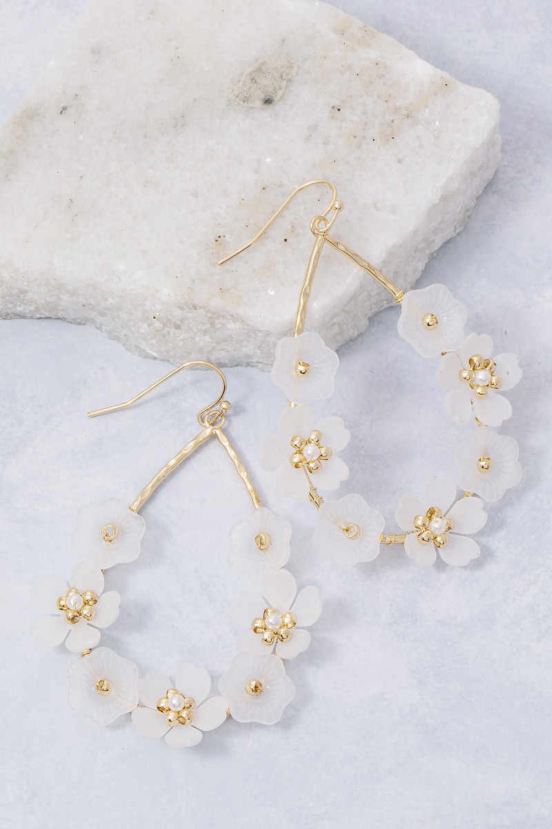 Frosted Flowers And Pearl Bead Teardrop Dangle Earrings