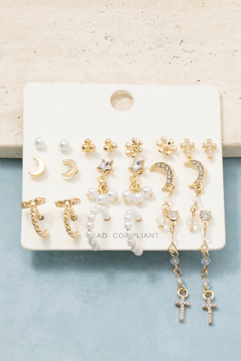 Pearl Stars And Moon 10 Pair Earrings Set