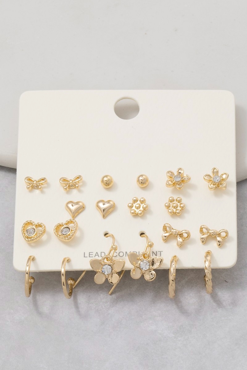 10 Pair Flowers Hearts And Bows Earrings Set