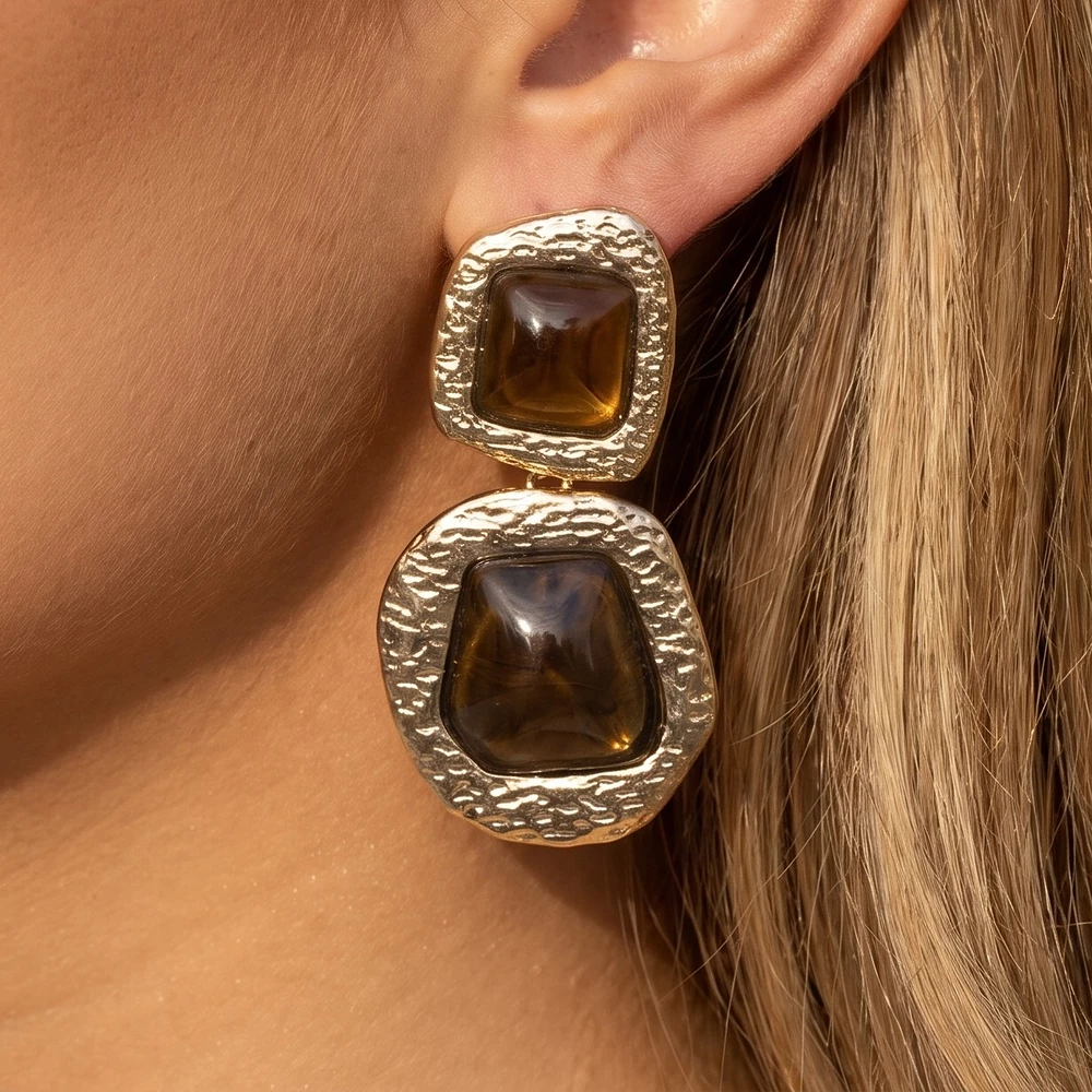 Hammered Frame Geometric Cabochon Drop Earrings