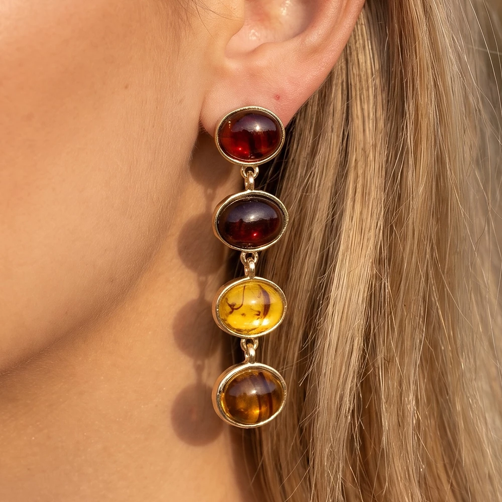 Four Stone Oval Cabochon Linear Drop Earrings