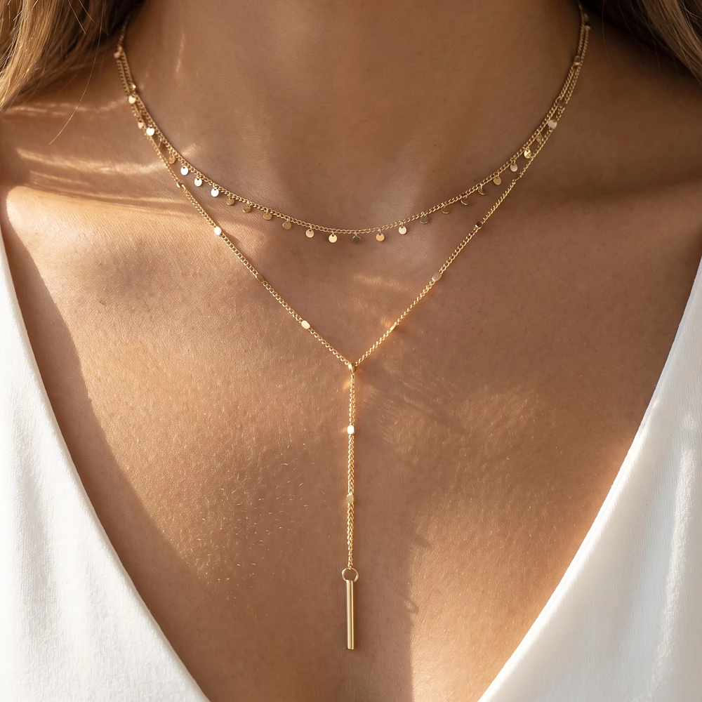 Layered Disc Chain Y Lariat Necklace With Bar Drop