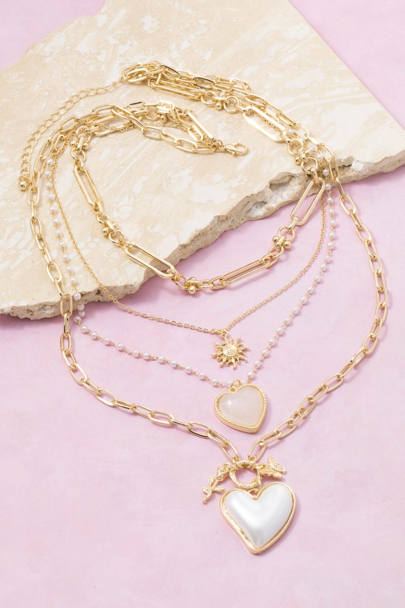 Double Heart Pendants Layered Chains Necklace