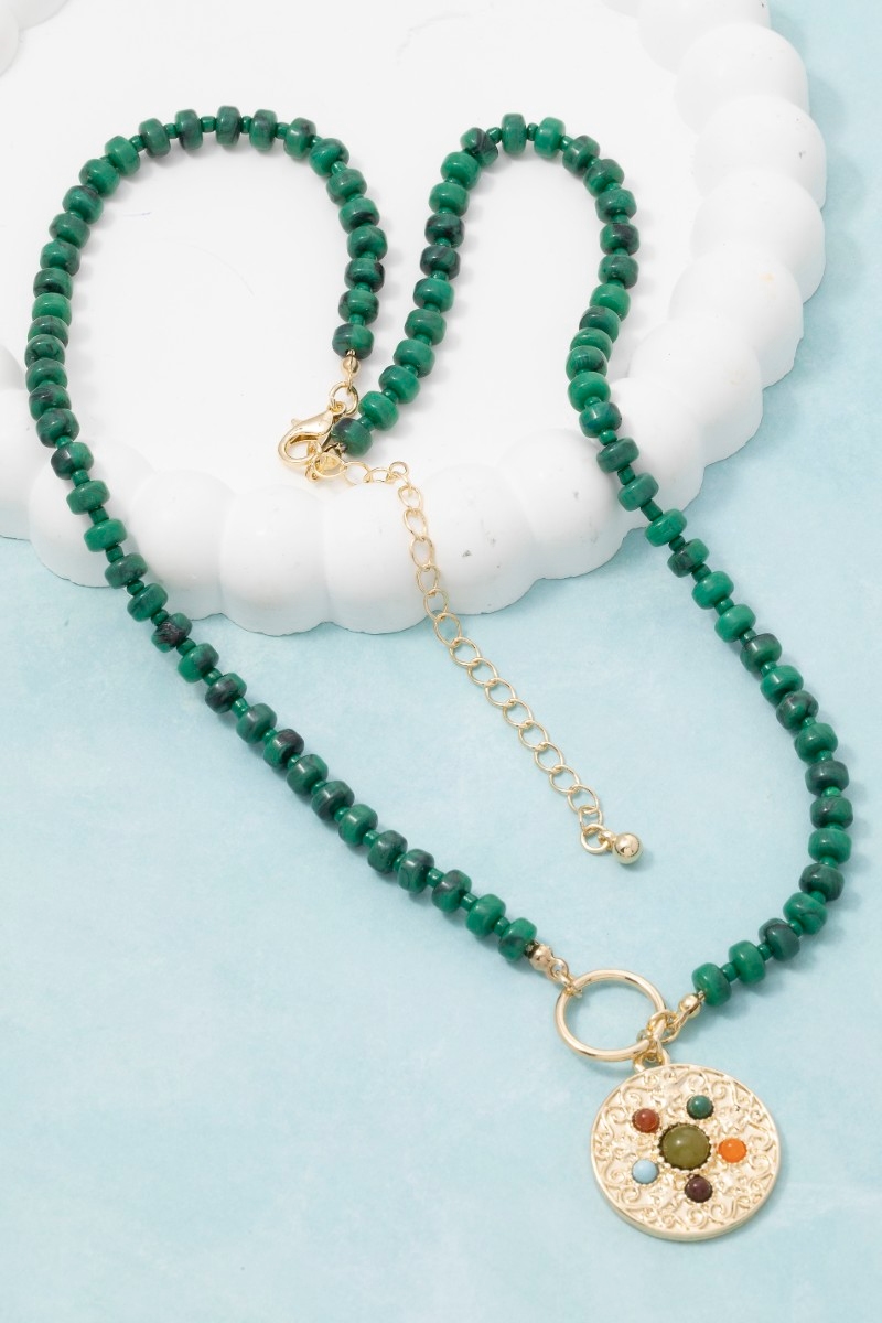 Intricate Coin Pendant Green Stone Beaded Necklace