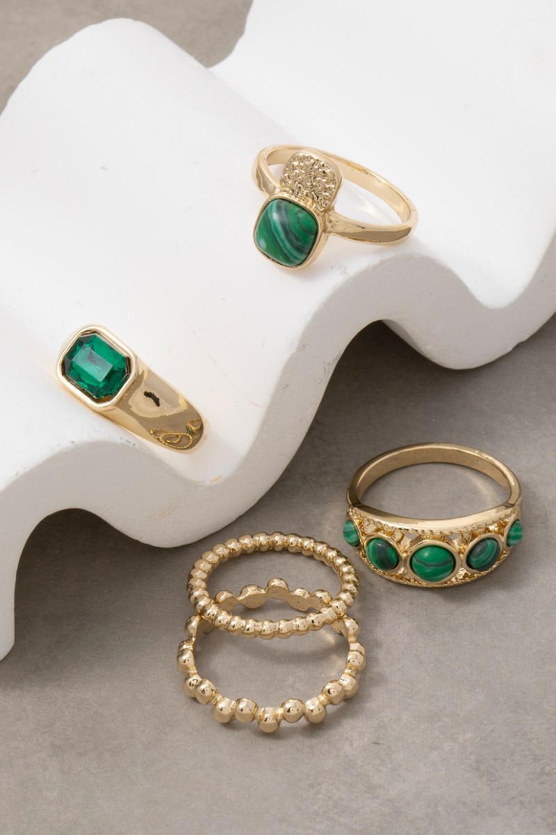 Mixed Green Stones 5Pc Band Rings Set