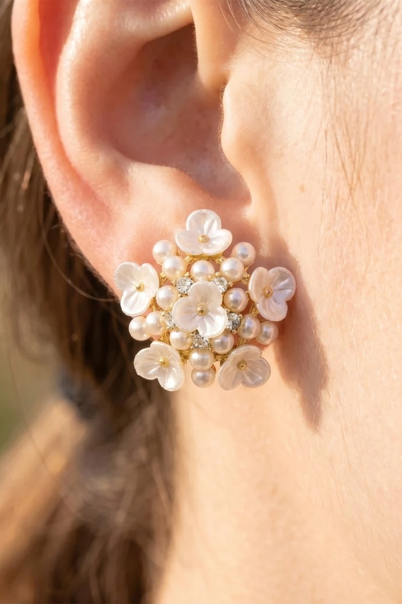 Symmetrical Cluster Pearl Flower Stud Earrings