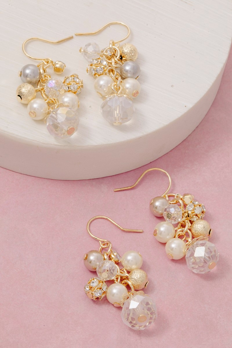 Mixed Pearl And Metallic Bead Cluster Dangle Earrings