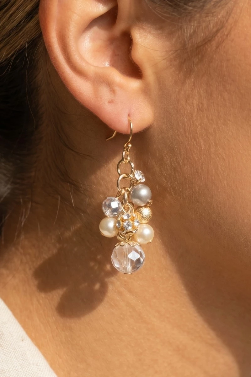 Mixed Pearl And Metallic Bead Cluster Dangle Earrings