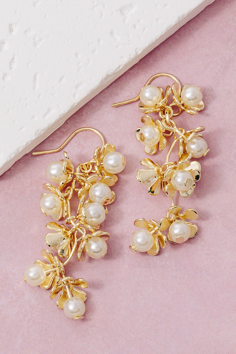 Pearl Flower Cluster Chain Dangle Earrings