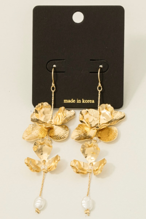 Layered Metallic Flowers And Pearl Dangle Earrings