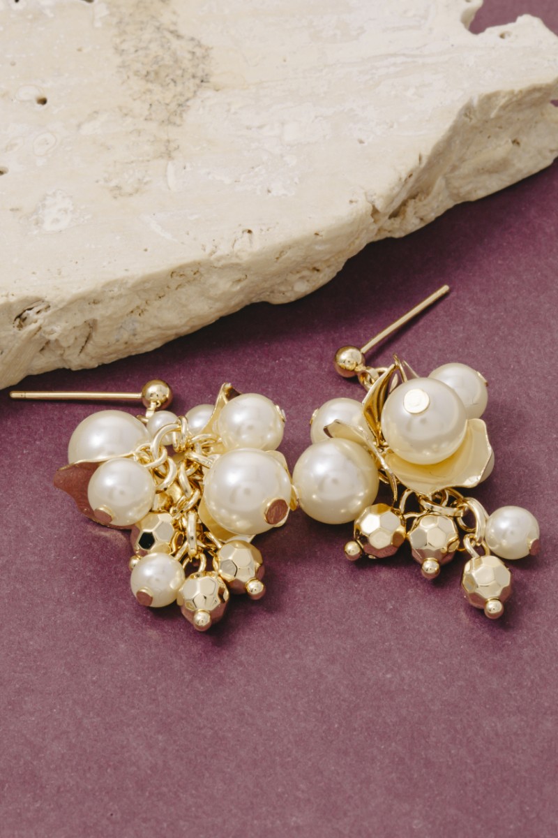 Pearl Metallic  Beads And Petals Cluster Dangle Earrings