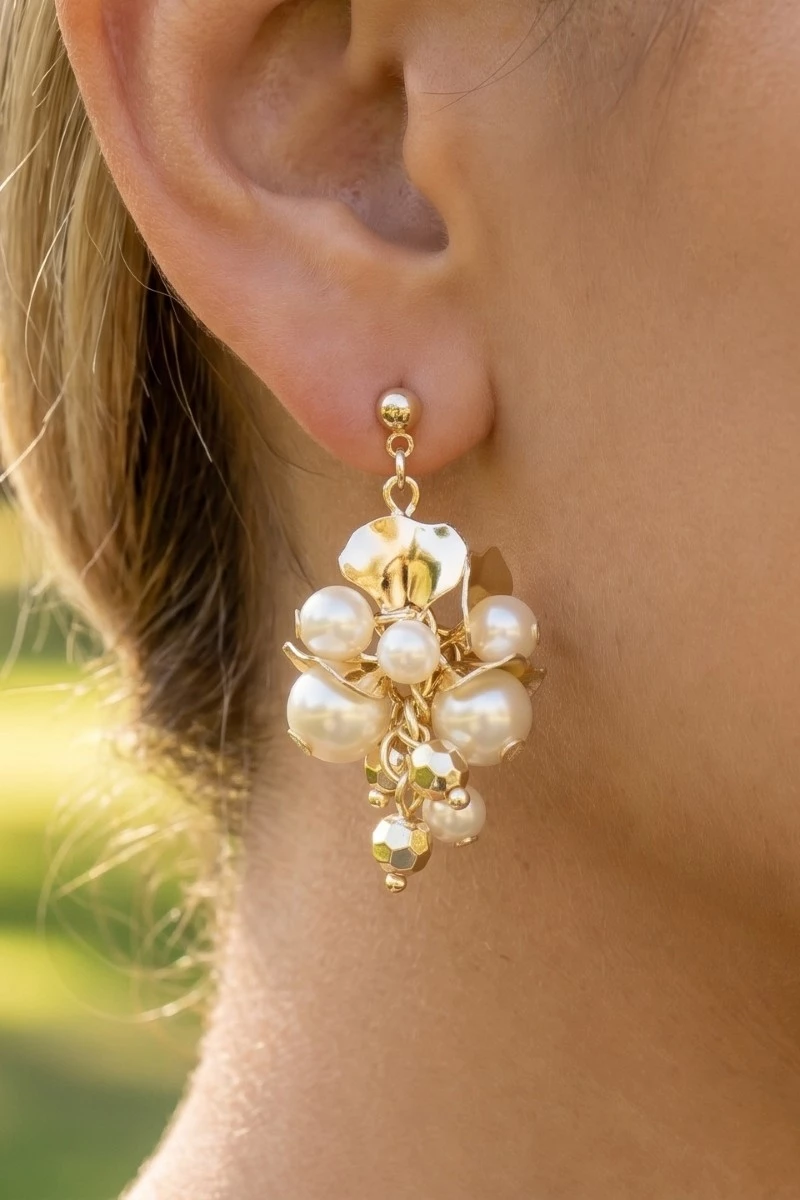 Pearl Metallic  Beads And Petals Cluster Dangle Earrings