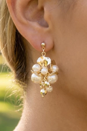 Pearl Metallic  Beads And Petals Cluster Dangle Earrings
