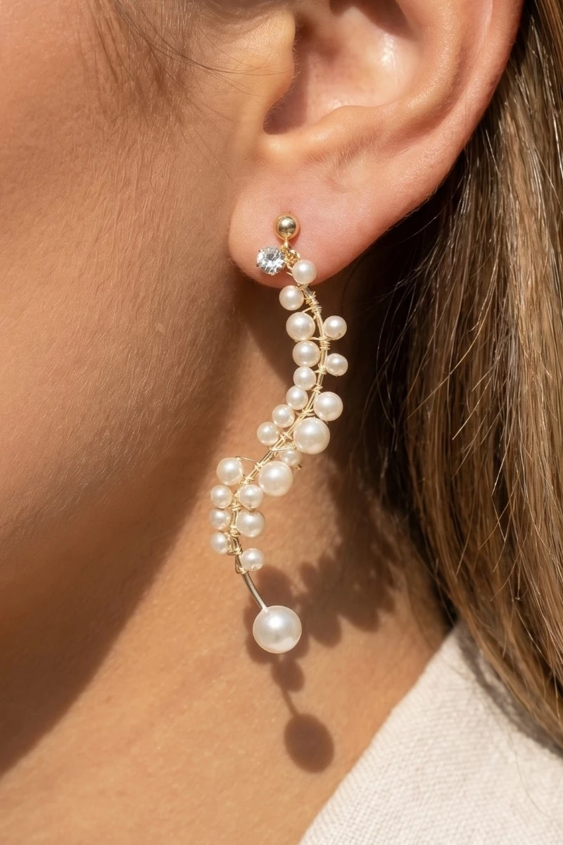 Curved Pearl Beaded Bar Dangle Earrings