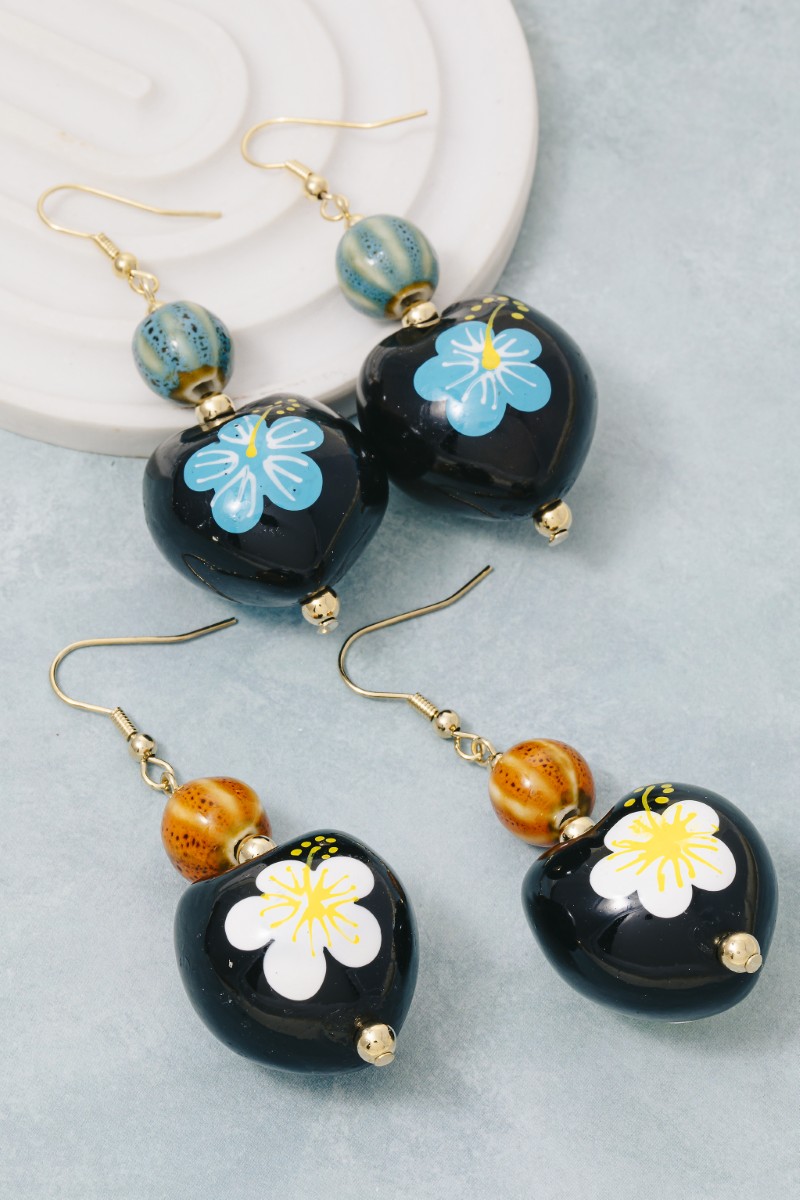 Large Flower Painted Beads Dangle Earrings