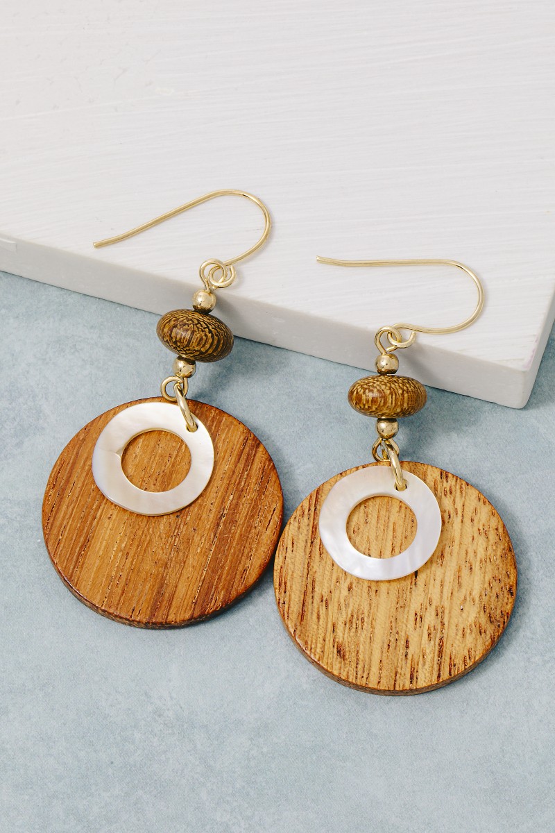 Layered Circle Wooden Disc Dangle Drop Earrings