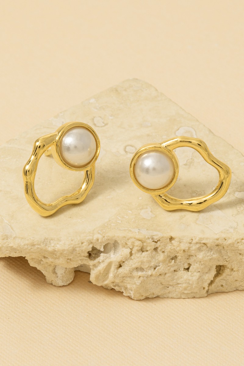 Pearl Stud Warped Oval Post Earrings