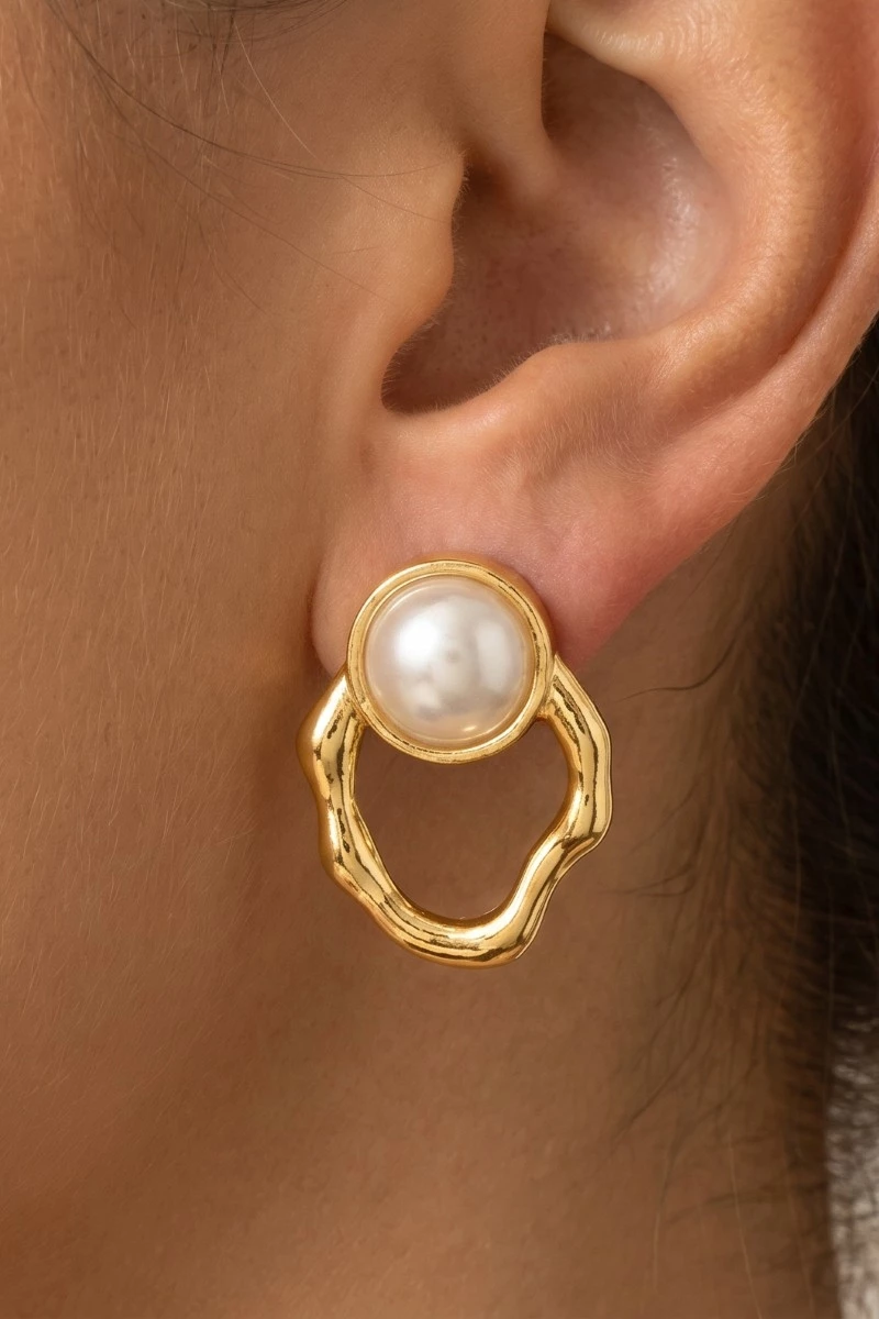 Pearl Stud Warped Oval Post Earrings