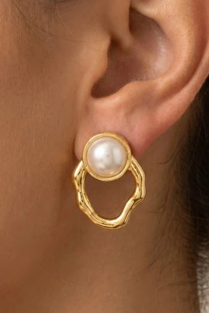 Pearl Stud Warped Oval Post Earrings
