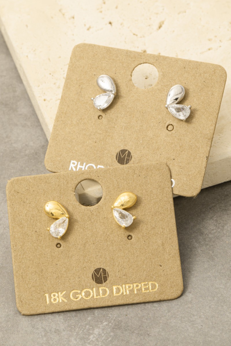 Gold Dipped And Cz Double Tear Stud Earrings
