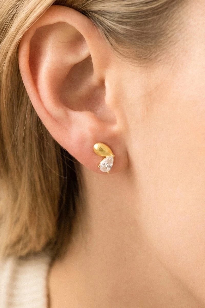Gold Dipped And Cz Double Tear Stud Earrings