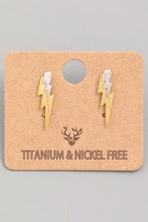 Dual Tone Double Lightning Bolt Stud Earrings