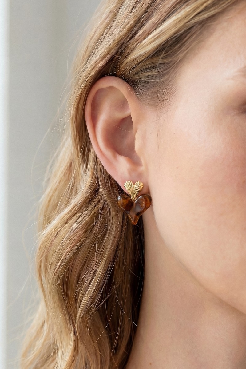 Metallic And Marble Resin Heart Stud Dangle Earrings